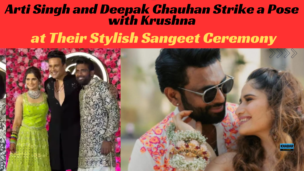 Arti Singh and Deepak Chauhan Strike a Pose with Krushna Abhishek at Their Stylish Sangeet